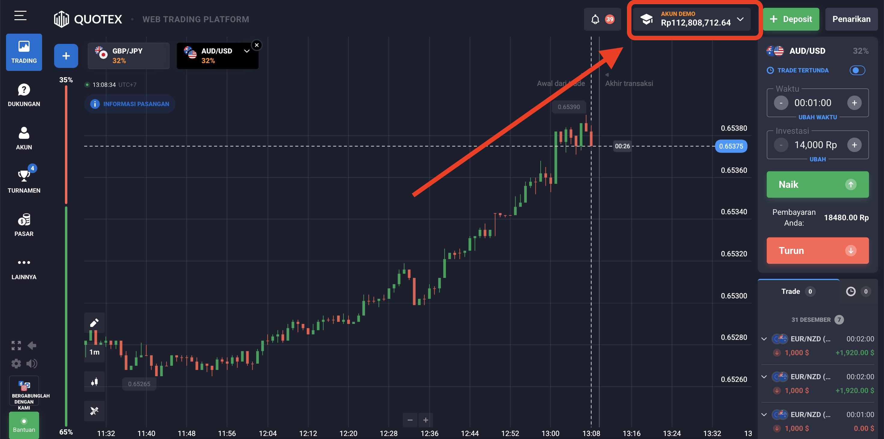 Tampilan akun demo Quotex di layar ponsel
