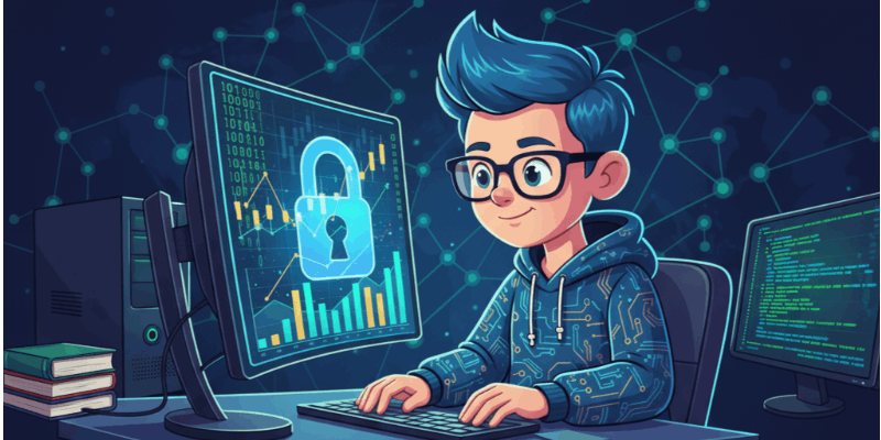 Digital security analysis with a glowing padlock overlay on a financial chart.