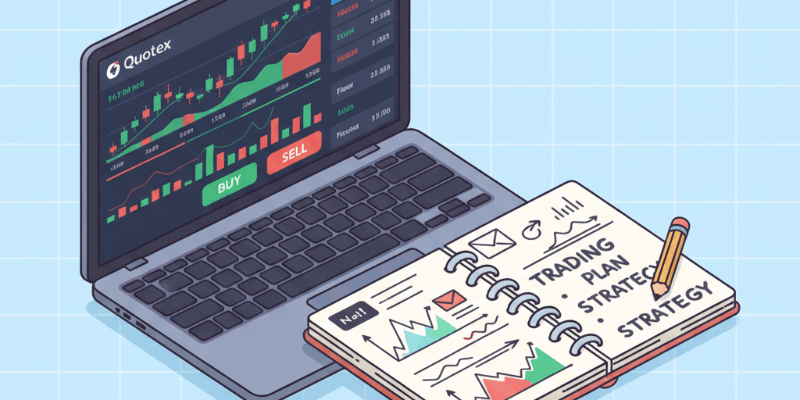 A laptop showing the Quotex trading interface next to a notebook with trading plans.