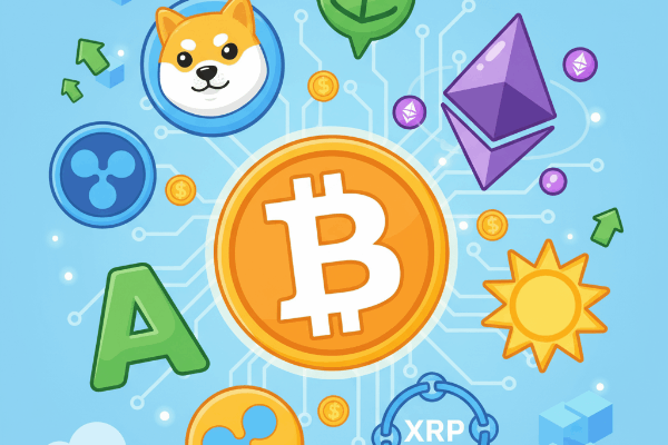 Various cryptocurrency logos like Bitcoin and Ethereum.