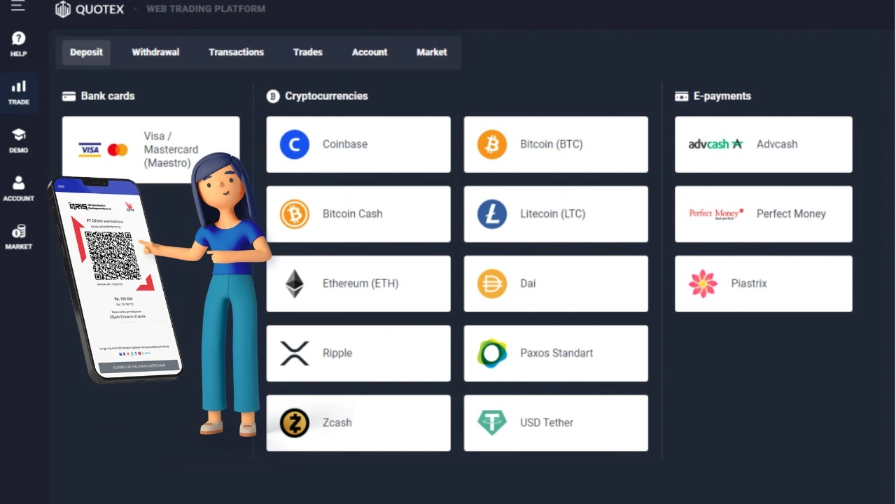 Kode QRIS untuk pembayaran ditampilkan di platform Quotex