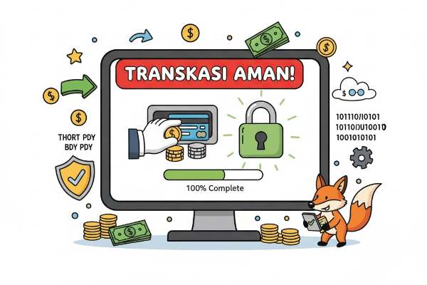 Ilustrasi transaksi keuangan yang aman, menunjukkan koin dan kartu di layar digital.