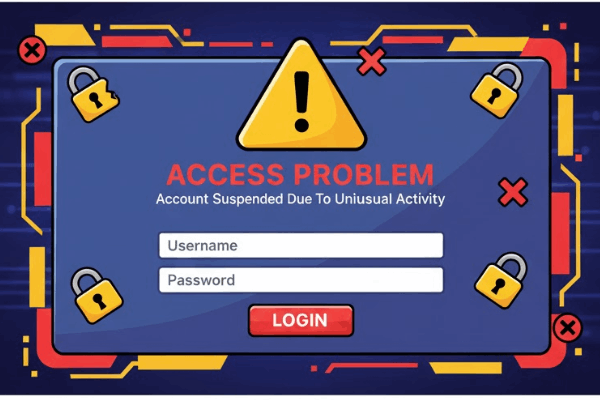 Ilustrasi layar login dengan tanda peringatan, melambangkan masalah akses.