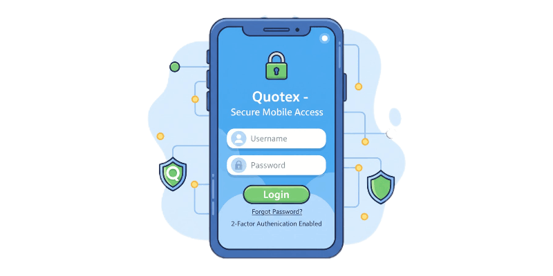 Uma tela de celular mostrando um formulário de login seguro, focando no acesso móvel da Quotex.
