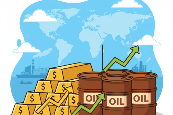 Gold bars and barrels of oil representing commodities trading.