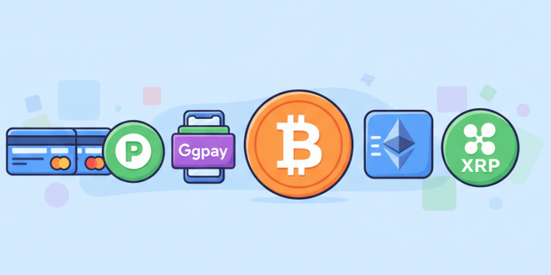 Icons representing various payment methods including credit cards, e-wallets, and cryptocurrency symbols.