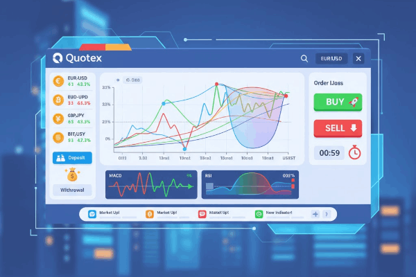 Tampilan antarmuka platform Quotex dengan berbagai alat dan indikator canggih.