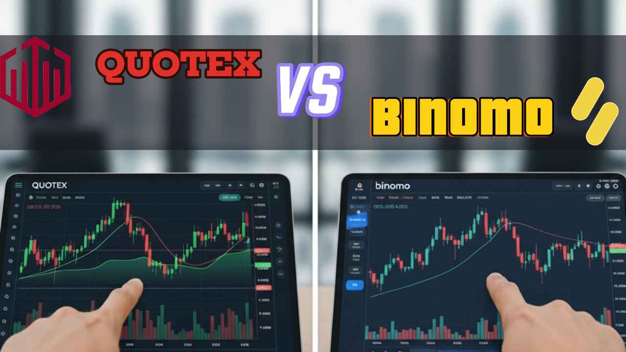 Logo Quotex dan Binomo disandingkan untuk perbandingan