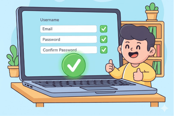 Ilustrasi proses pendaftaran akun di laptop dengan centang hijau.