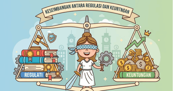 Ilustrasi timbangan hukum dan trading digital