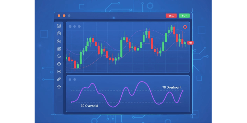 Um gráfico de negociação mostrando o indicador RSI (Relative Strength Index) em ação.