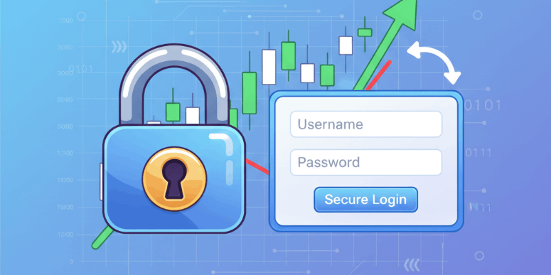 A stylized image showing a lock icon on a trading chart, symbolizing secure login.