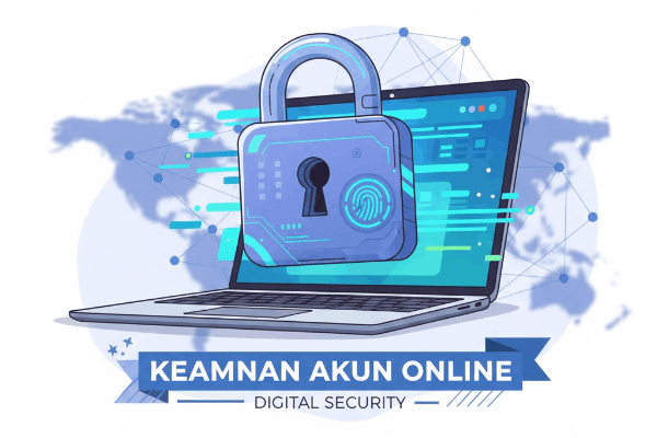 Ikon gembok digital di atas layar laptop, melambangkan keamanan akun online.
