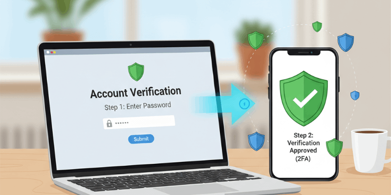 A phone and laptop displaying security steps for account verification.