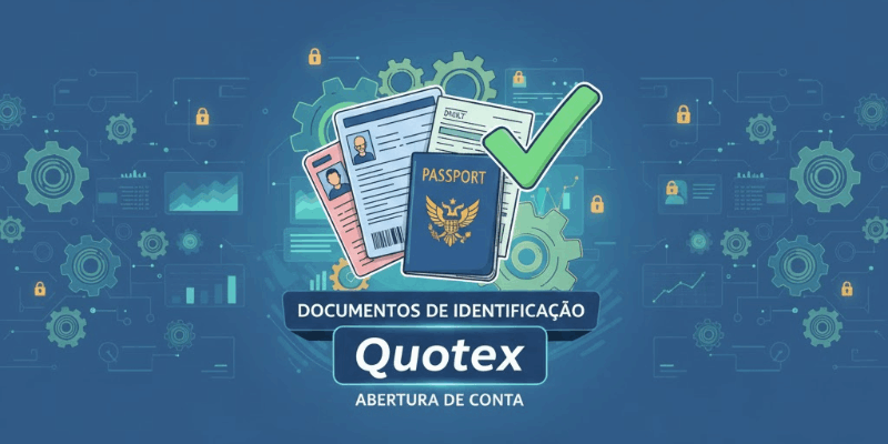 Documentos de identificação e um ícone de verificação, representando o processo de abertura de conta Quotex.
