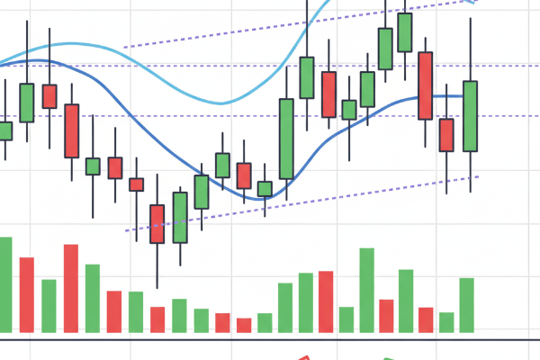 Close-up of a Japanese candlestick chart with technical indicators.