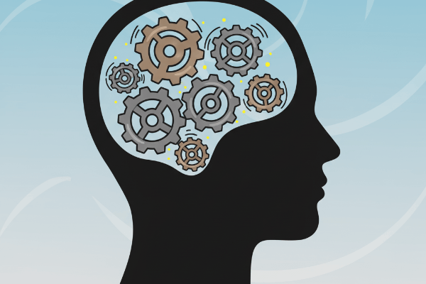 Silhouette of a human head with gears inside, symbolizing the thought process in trading