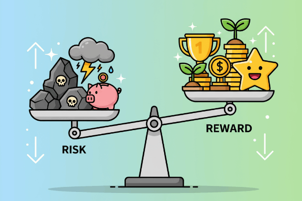Ilustração de uma balança equilibrada representando risco vs. recompensa.